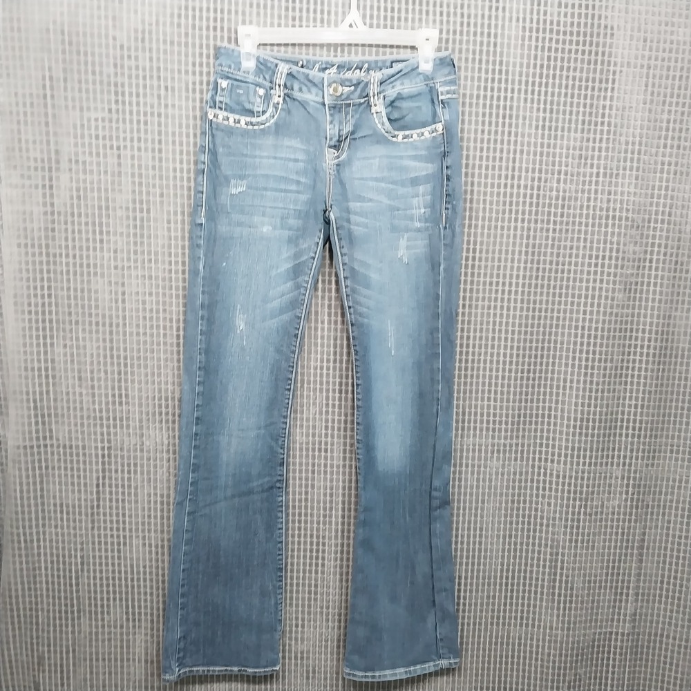 LA Idol Womens Bootcut Jeans Rhinestone Embroidered Stretch Size‎ 5 Blue
